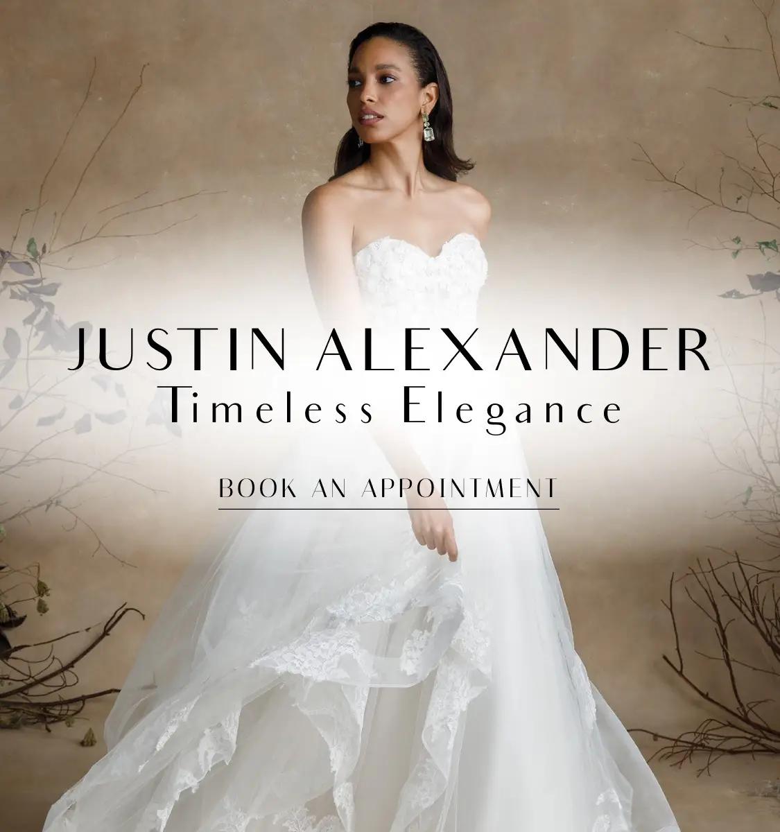 Mobile banner promoting Justin Alexander dresses