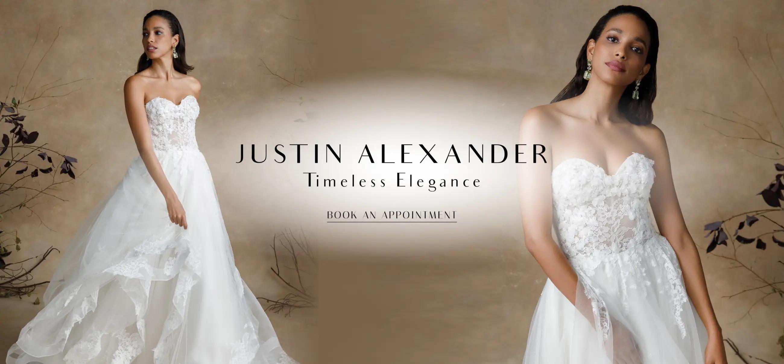 Desktop banner promoting Justin Alexander dresses